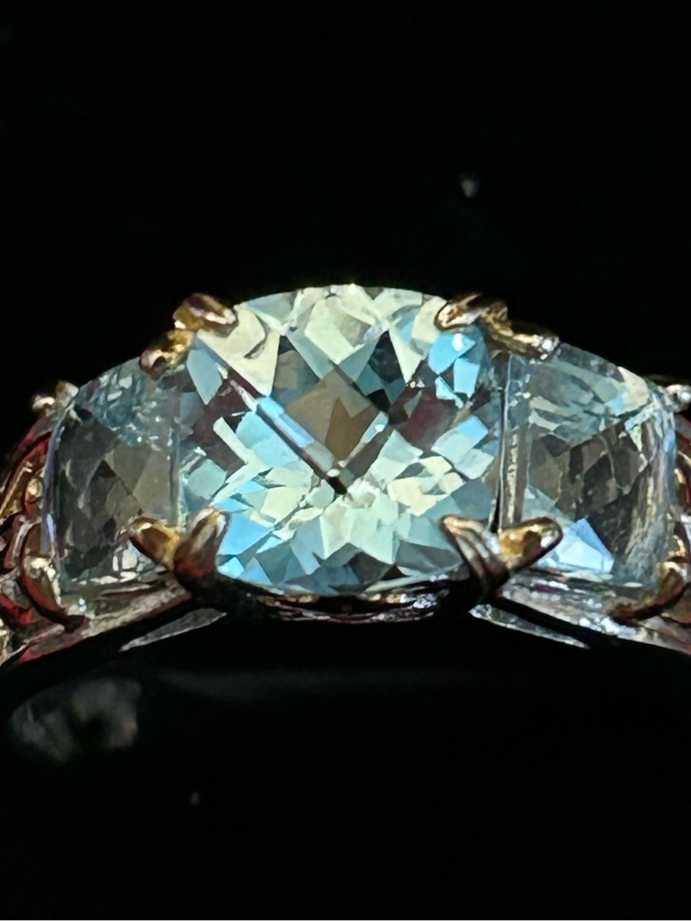 Classic Three-Stone Checkerboard Cut Sky Blue Topaz Ring Silver w/Gold Accents